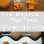 Chopping board with butternut squash cut and a chef knife.basic vegetable main cut and Wavy plate with brunoise and julienne cut of butternut squash, the basics of 4 main vegetable main cuts