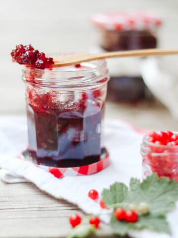Close up on a jar of red currant with fresh fruits aroudn