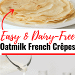 Stack of Oat Milk French crêpes on a white plate with a sugar and jam in the background