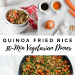 Quinoa Fried Rice: Cooked veggies in the pan with cooked quinoa on the side.