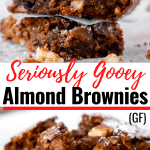 Side picture of a stack of gooey, fudgy almond flour brownies with 2 milk bottles in the back ground