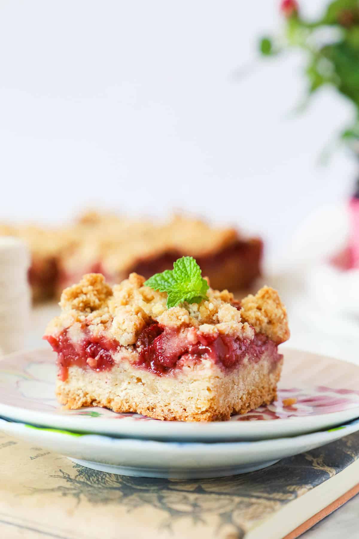 strawberry crumble bar on a small plate on an old book. A small leaf of mint is on top.