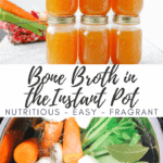 6 mason jars stacks together, all filled with bone broth instant pot