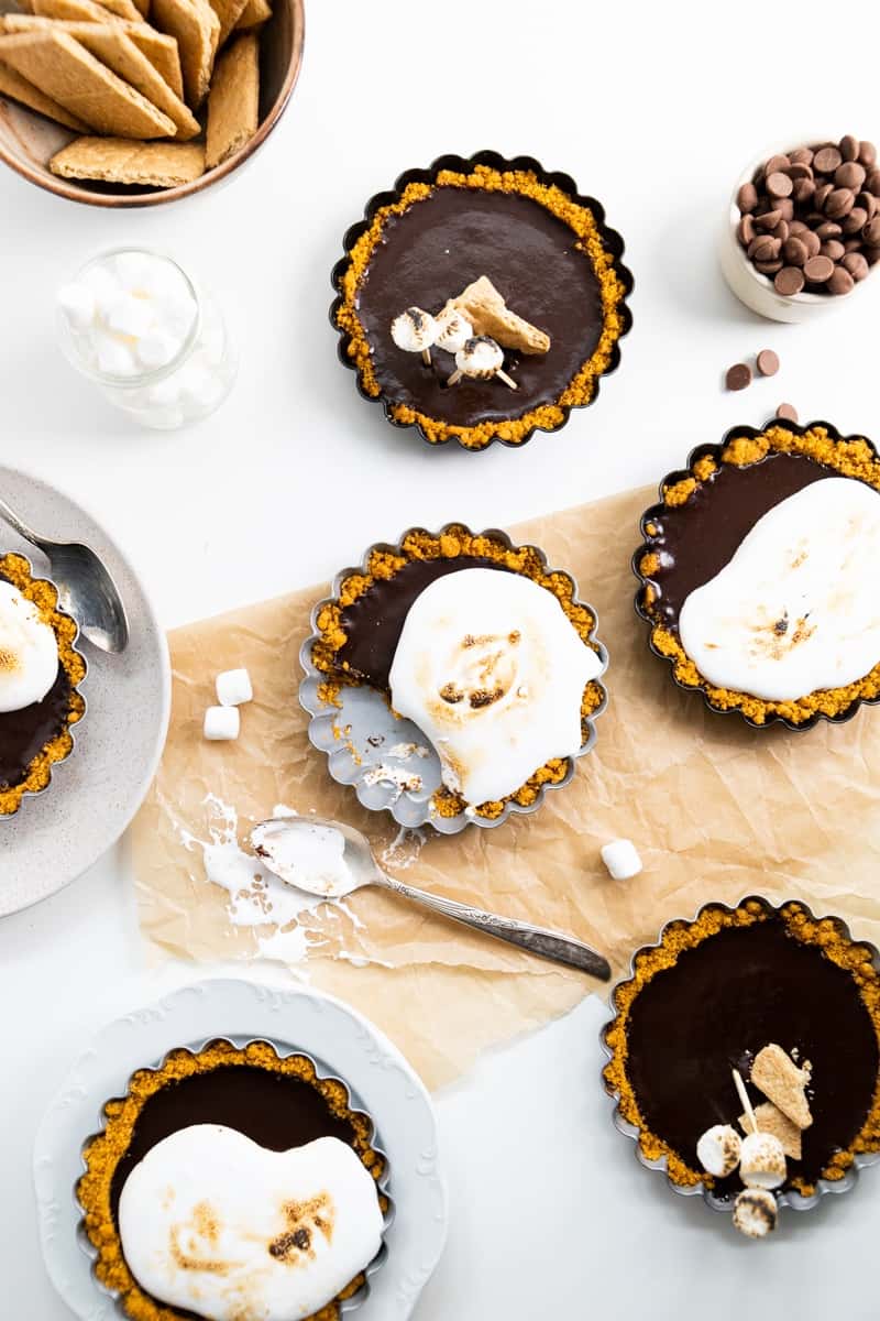 top view of mini smores pie with a spoon on the side.