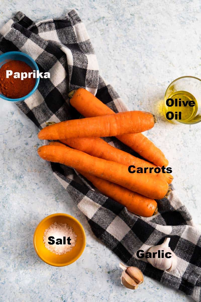 top view of the labelled ingredients to make air fryer carrot fries