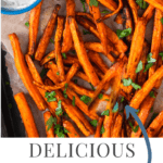 close up on carrots fries with chopped cilantro on top