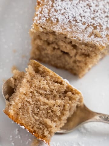 close up on a moist cake in a spoon