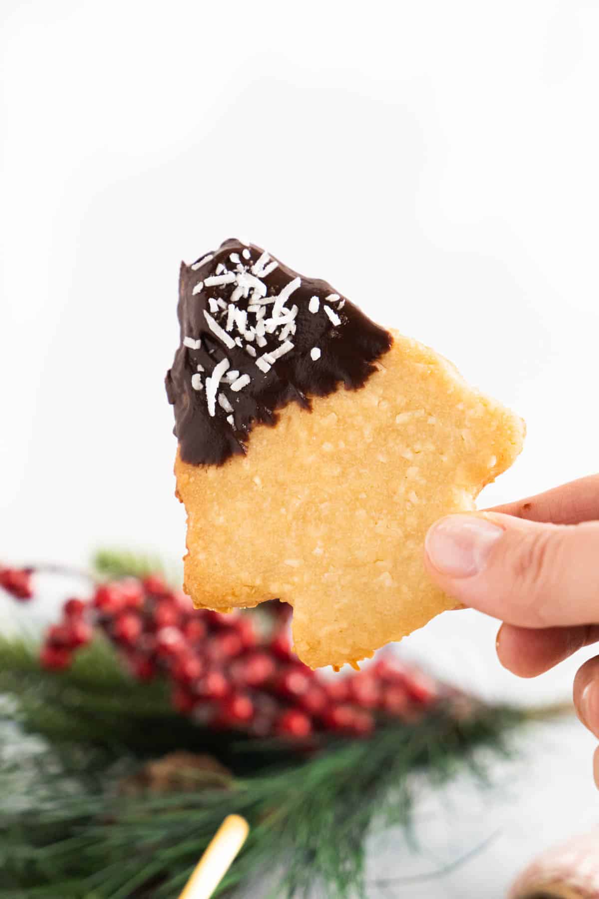 hand holding a tree shaped cookie dipped in chocolate with shredded coconut on top.