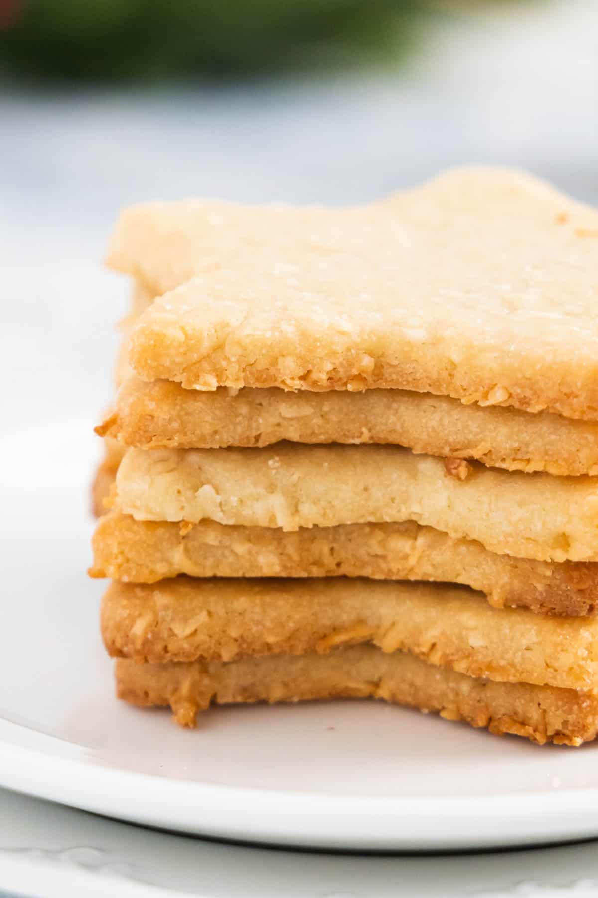 close up of a stack of coconut sugar cookies. 