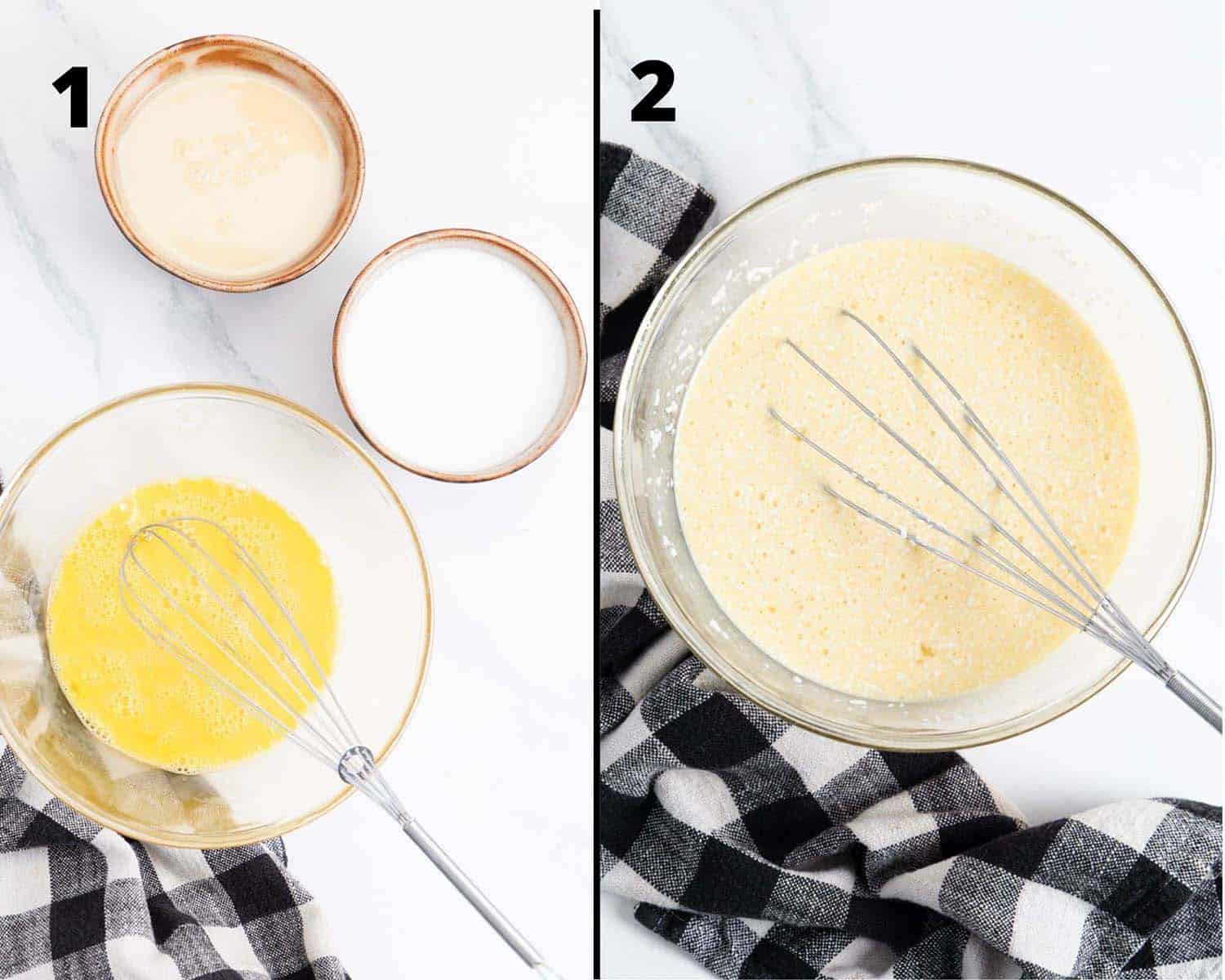 collage of 2 steps to make the flan de coco, one is beaten eggs in a bowl and the other one is the uncooked batter for the flan in a transparent bowl