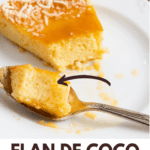 a slice of flan with a spoon and some flan in the spoon.