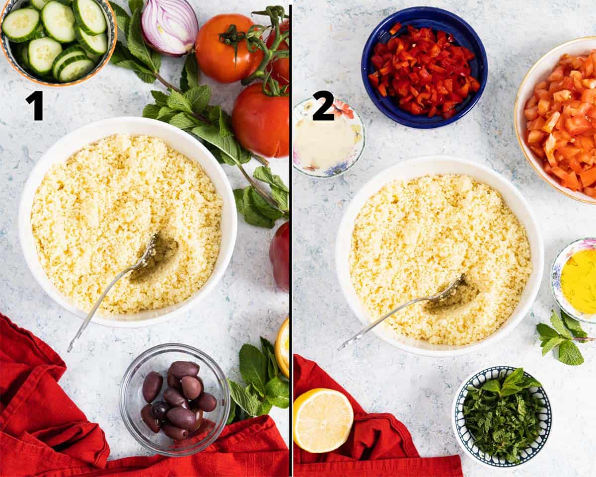 collage of steps to make tabbouleh, first the grain and then the chopped vegetables