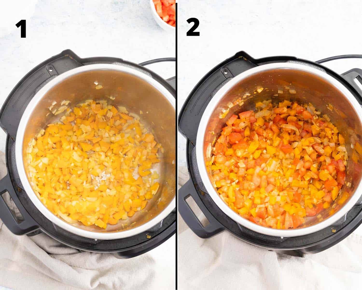 Steps of a recipe in an instant pot in a collage: on the left, onions and yellow pepper and on the right some tomato, pepper and onion. 