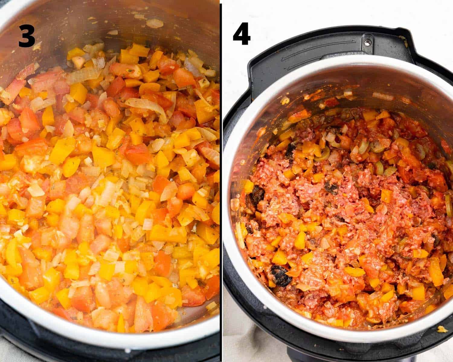 Steps of a recipe in an instant pot in a collage: on the left tomato, pepper and onion and on the right some ground beef has been added.