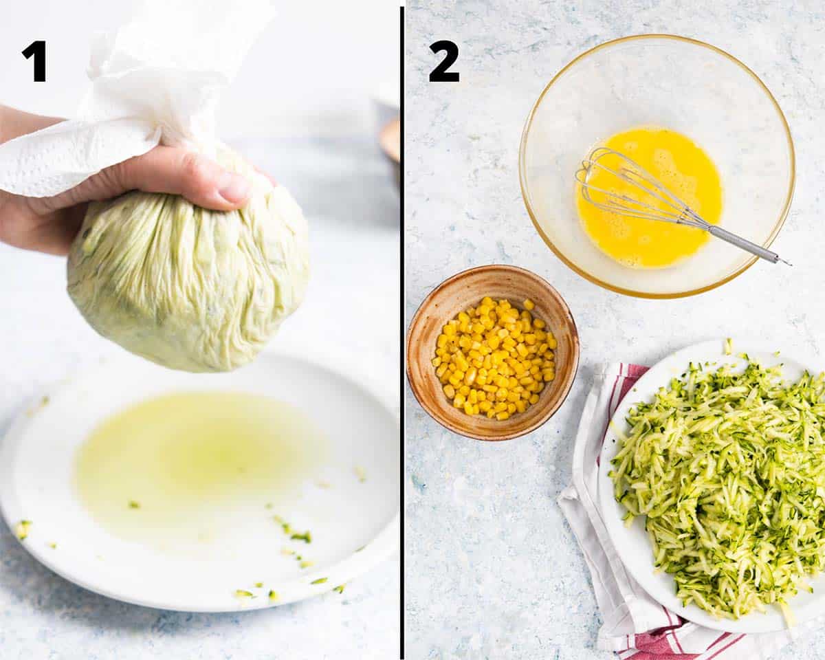 collage of 2 pictures: one showing a hand holding a ball of paper towel and a plate with green juice and another one with a mixing bowl with eggs, a bowl with corn and shredded zucchinis on a plate. 