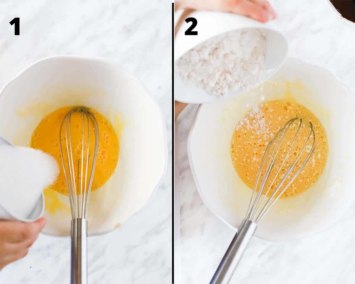 collage of baking steps, on the left, a white mixing bowl with beaten eggs and sugar being poured and on the right, flour being poured. 