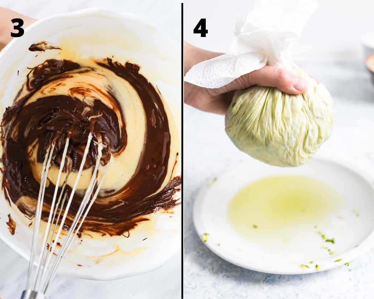 collage of baking step, on the left, batter with chocolate swirls and on the right, a hand holding paper towel with something green inside.