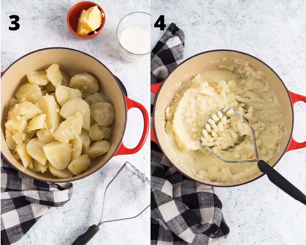collage of 2 pictures, on the left cooked potatoes in a red pot and on the right mashed potatoes with a masher. 