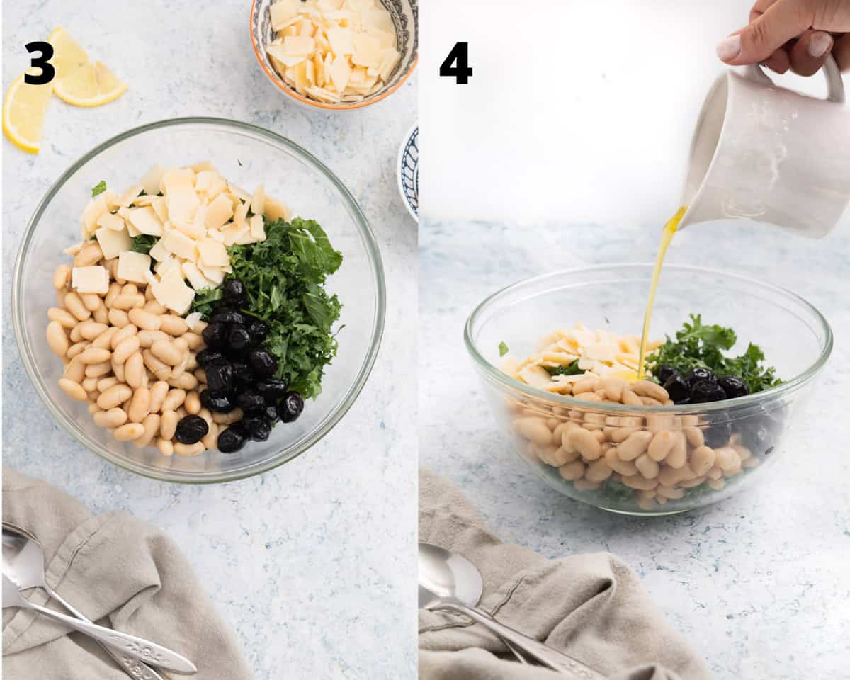 collage of 2 pictures, on the left a transparent mixing bowl with kale, white beans, black olives and parmesan and on the right, some dressing being poured on it. 