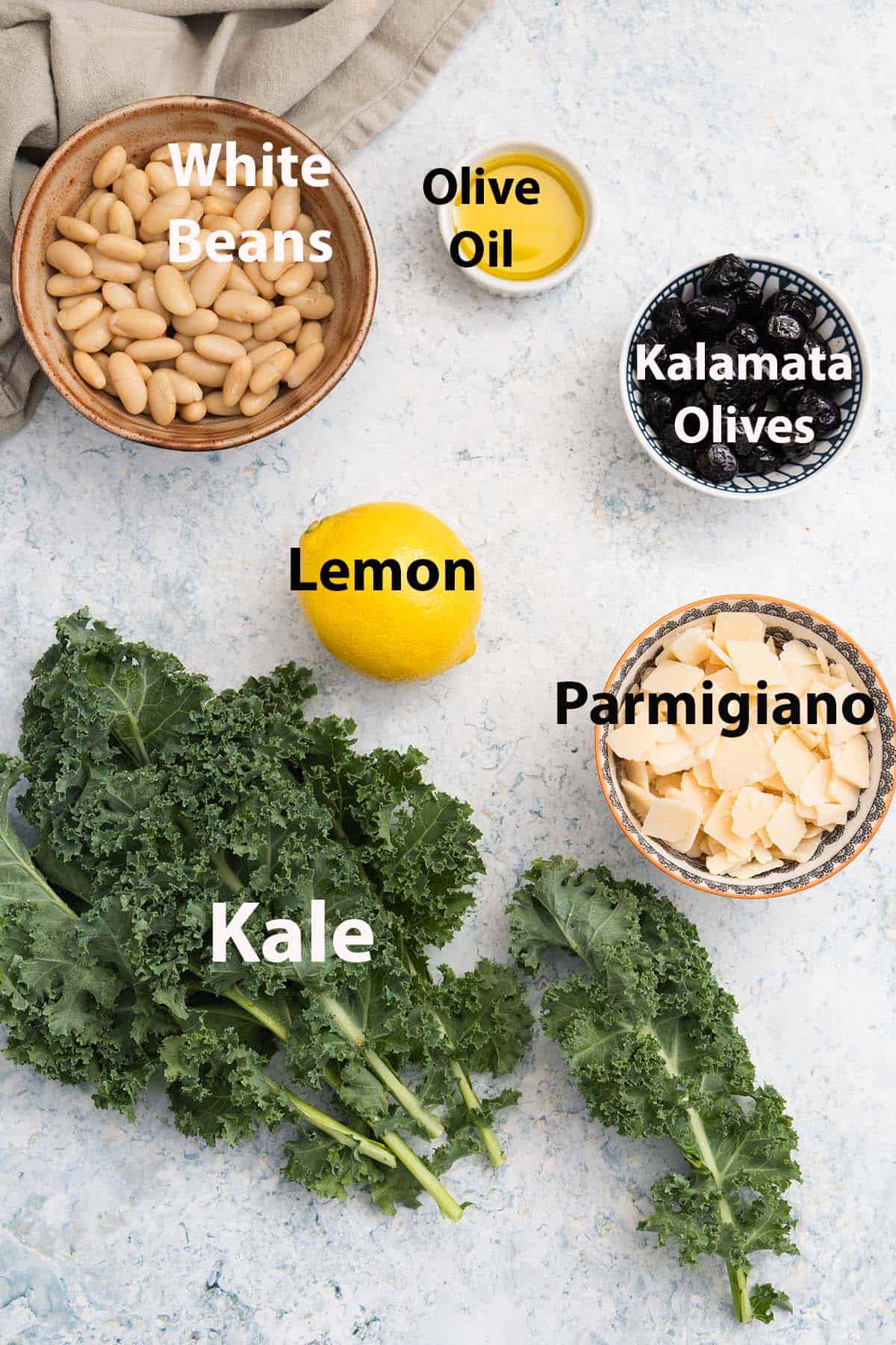 Labelled ingredients: Kale, white beans, lemon, olive oil, kalamata olives and parmigiano.