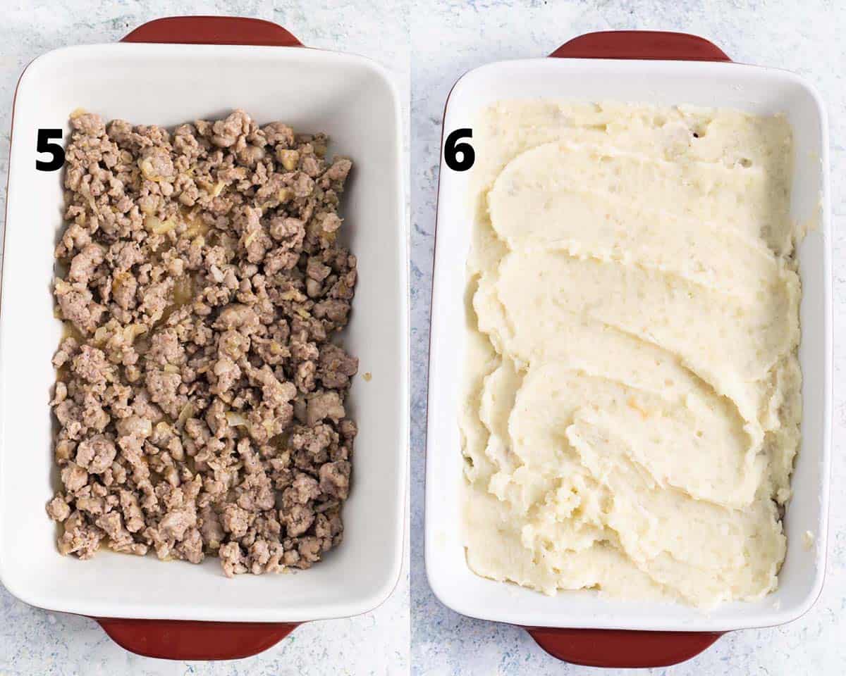 collage of 2 pictures: one some cooked meat in a red rectangular dish and on the right mashed potatoes spread in the same dish.