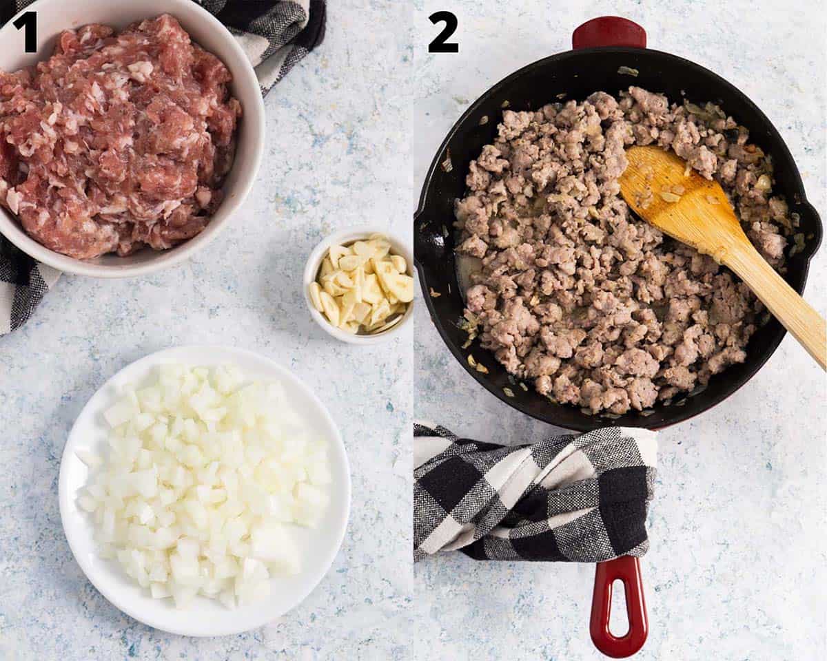 collage of picture: left one is chopped onion in a white dish, garlic and meat in a bowl and on the right, cooked meat in a skillet with a wooden spoon.