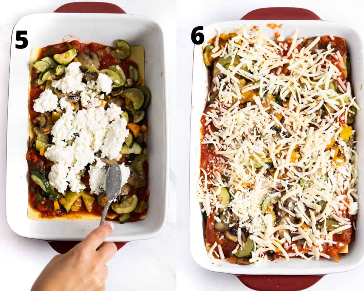 collage of 2 pictures: on the left a spoon is spreading ricotta on the tomato and vegetables and on the right finished lasagna with shredded cheese on top. 