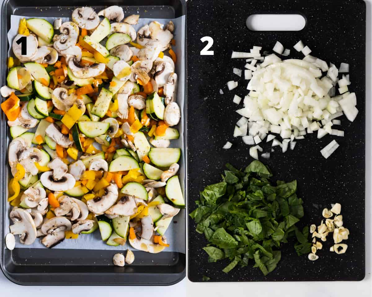 collage of steps: one baking sheet with vegetables chopped and the other one spinach, onion and garlic chopped on a black chopping board. 