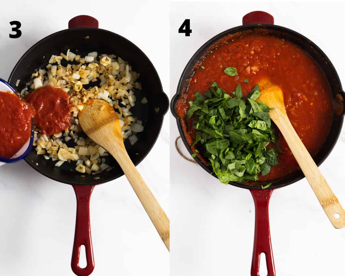 collage of steps: one cast iron pan with sauteed onions and tomato sauce being poured and another one with tomato sauce and chopped spinach added. 