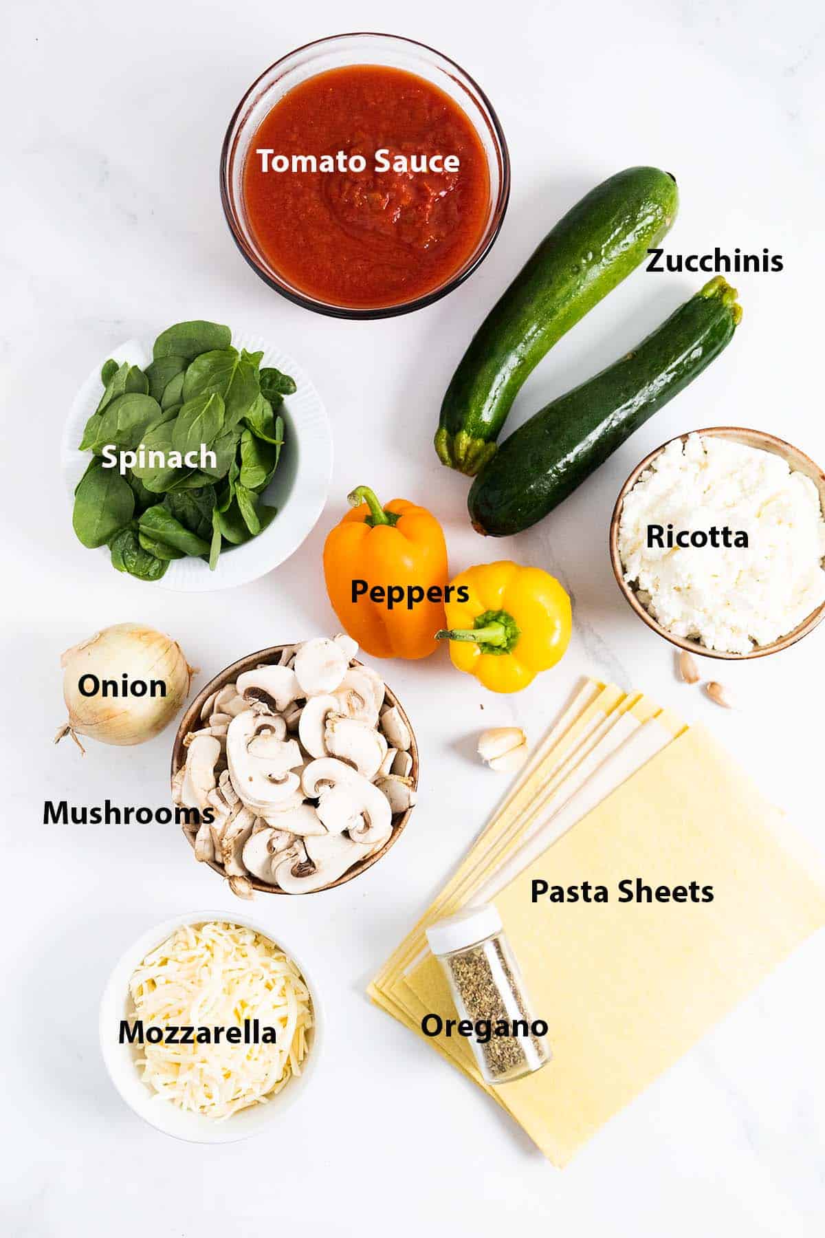 labelled ingredient for a vegetarian mediterrean lasagna: zucchinis, peppers, pasta, onion, spinach, tomato sauce, ricotta. 