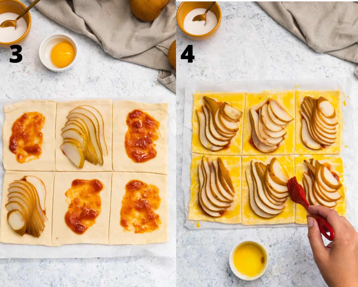 collage of 2 pictures showing puff pastry with jam and sliced pears on it and the other one with egg wash being brushed with a red brush.