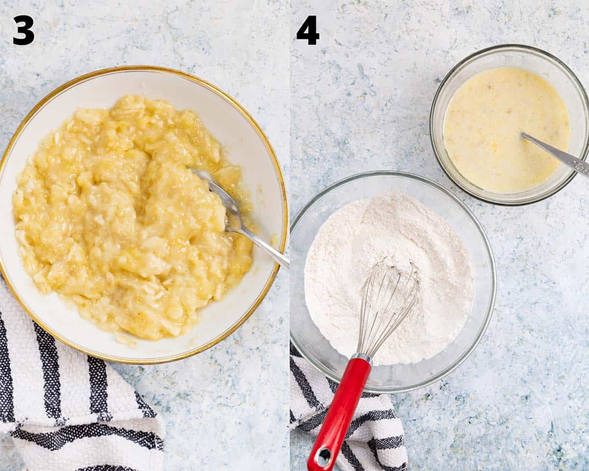 collage of 2 pictures: on the left a white shallow plate with mashed banana an don the right 2 mixing bowl, one with dry ingredients and another one with yellow mix.