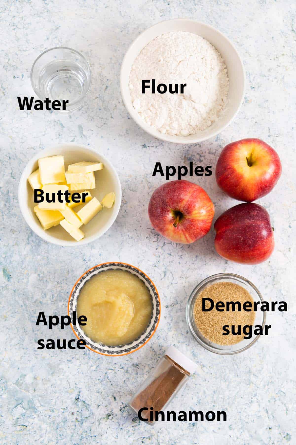 labelled ingredients: flour, water, butter, apple sauce, apples, demerara sugar.