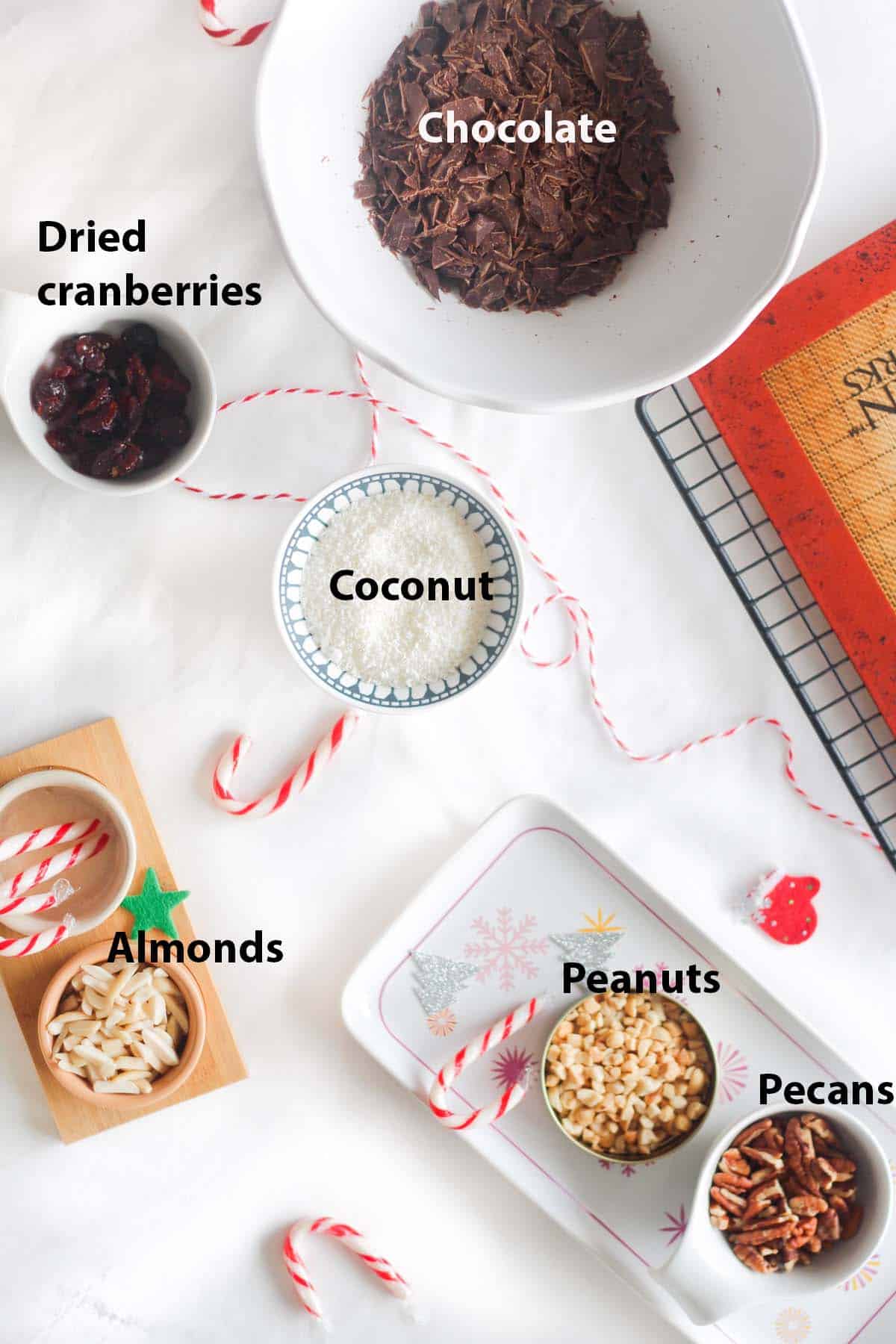 labelled ingredients: chocolate in a white bowl and peanut, pecans, almonds, dried cranberries and coconut in individual ramekins.