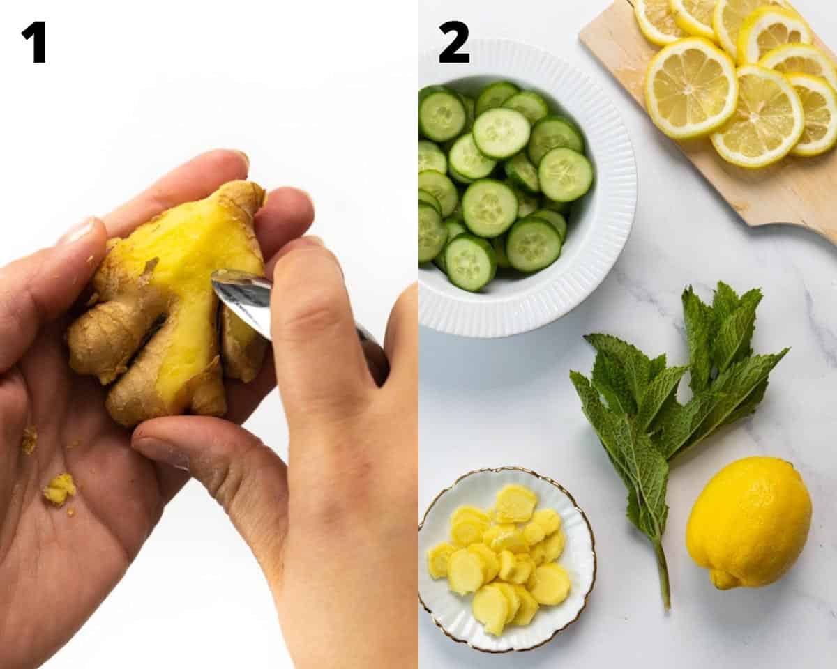 montage of 2 picture, on the left a hand peeling ginger with a spoon and on the right sliced cucumber in a bowl, ginger on a small plate, a branch of mint. 