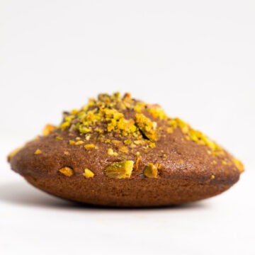 single chocolate pistachio madeleine with a white background.