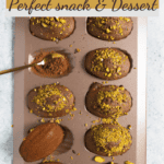 Pinterest: chocolate madeleines still in their mold and except one mold is filled with pistachio and one with cocoa powder.