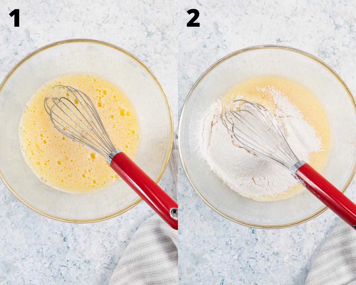 Montage, steps 1 and 2: mixing bowl with beaten eggs and mixing bowl with beaten eggs and flour.