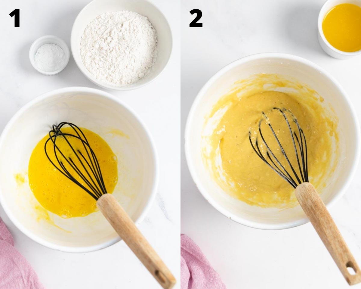 Collage of 2 pictures showing steps of recipe, on the left a large bowl with beaten eggs and a whisk with a small bowl with flour and on the right a batter in the large bowl and melted butter on the side. 