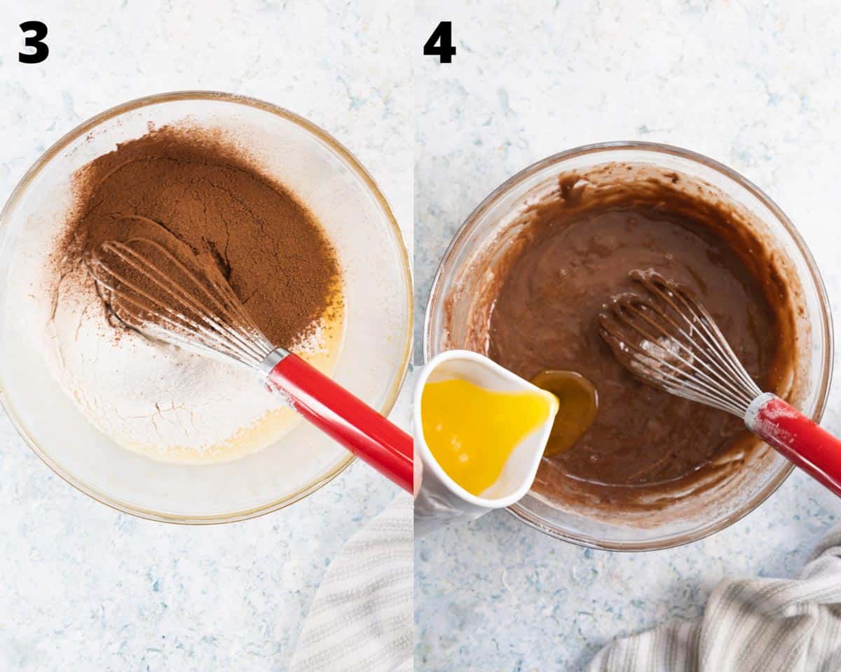 Montage, steps 3 and 4, mixing bowl with flour and cocoa powder and mixing bowl with chocolate batter and melted butter being poured.