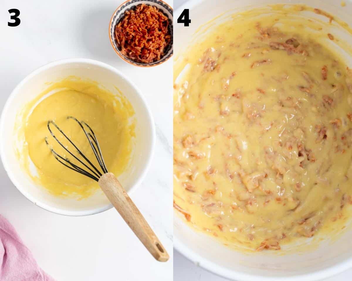 Collage of 2 pictures showing steps of recipe, on the left a large bowl batter and shredded meat on the side and on the right a close up of the batter.