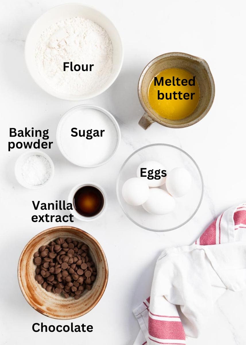 labelled ingredients in ramekins: flour, melted butter, sugar, baking powder, vanilla extract, eggs, chocolate chips. 