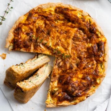 quiche baked with 2 slices cut and put on their side.