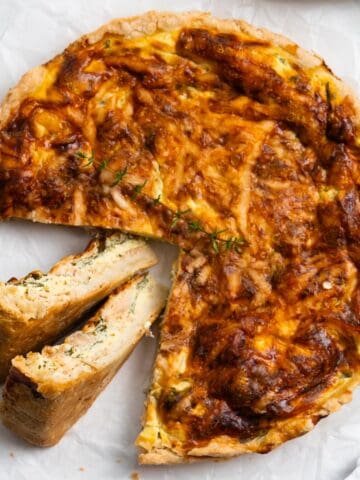 quiche baked with 2 slices cut and put on their side.