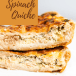 pin 2 slices of quiche stacked on each other on a white surface.