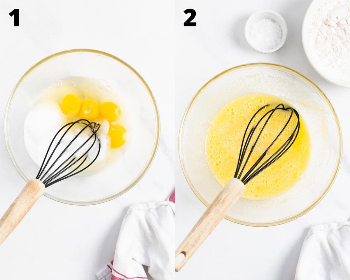 steps collage: left a mixing bowl with sugar and egg and a whisk and on the right, yellow mixture with the whisk.