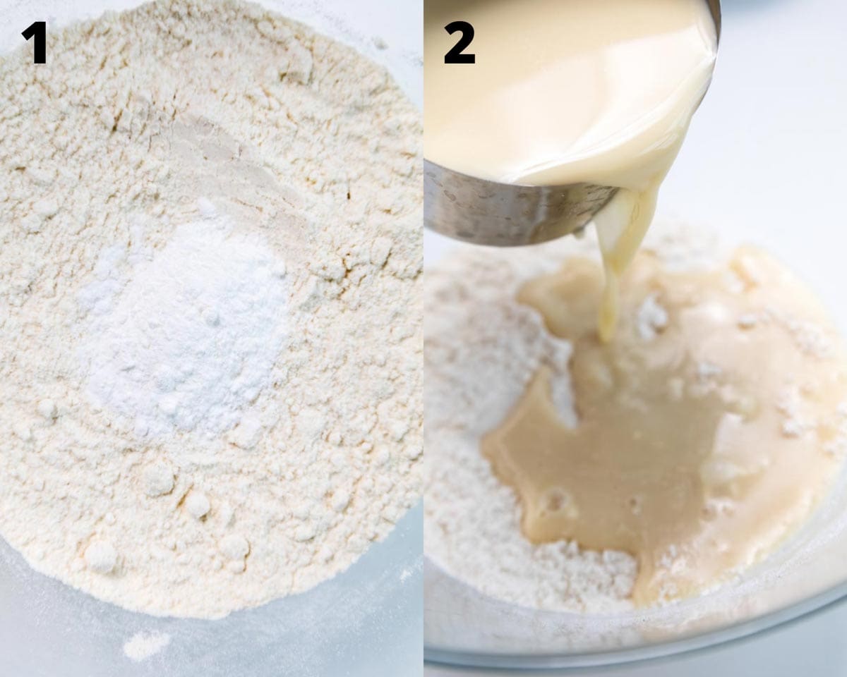 collage of steps: on the left, dry ingredients and on the right some milk poured in flour.