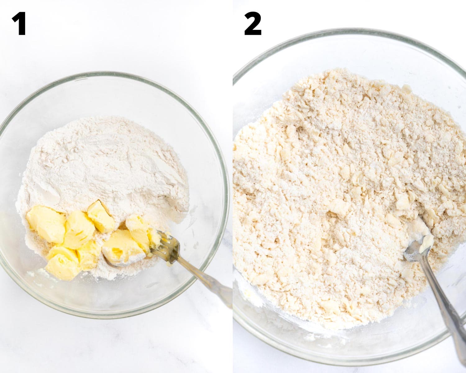 collage of 2 pictures: on the left in a glass mixing bowl flour and cubed butter and on the right crumbled looking flour. 