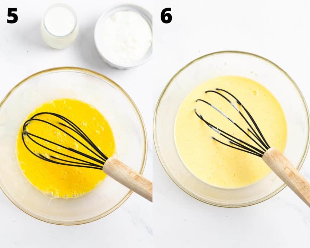 collage of 2 pictures: on the left whisked eggs in a glass mixing bowl with 2 ramekins on the side and on the right a yellow batter with a whisk in a bowl. 