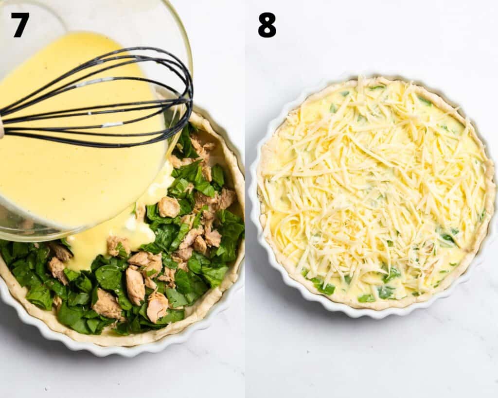 collage of 2 pictures, on the left a yellow mixture being poured on a pie crust with spinach and the right a savoury pie uncooked with cheese on top. 